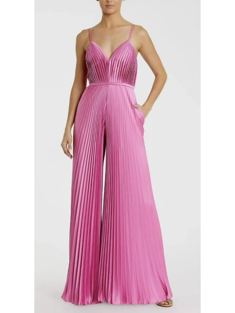 Mac Duggal Pink Pleated Plunge Neck Wide Leg Jumpsuit Sz 6 New